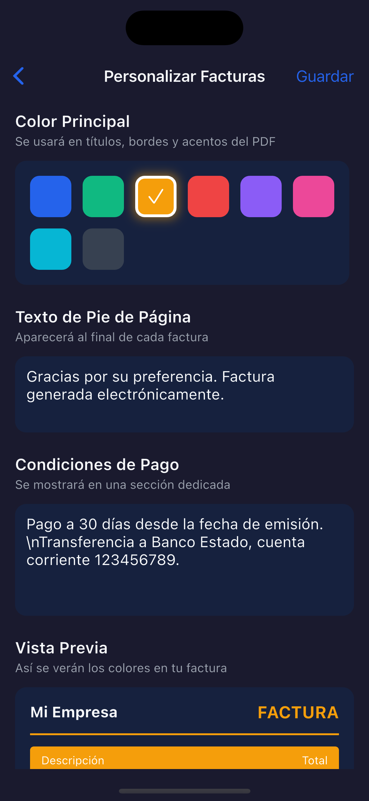Pantalla de personalizacion de facturas