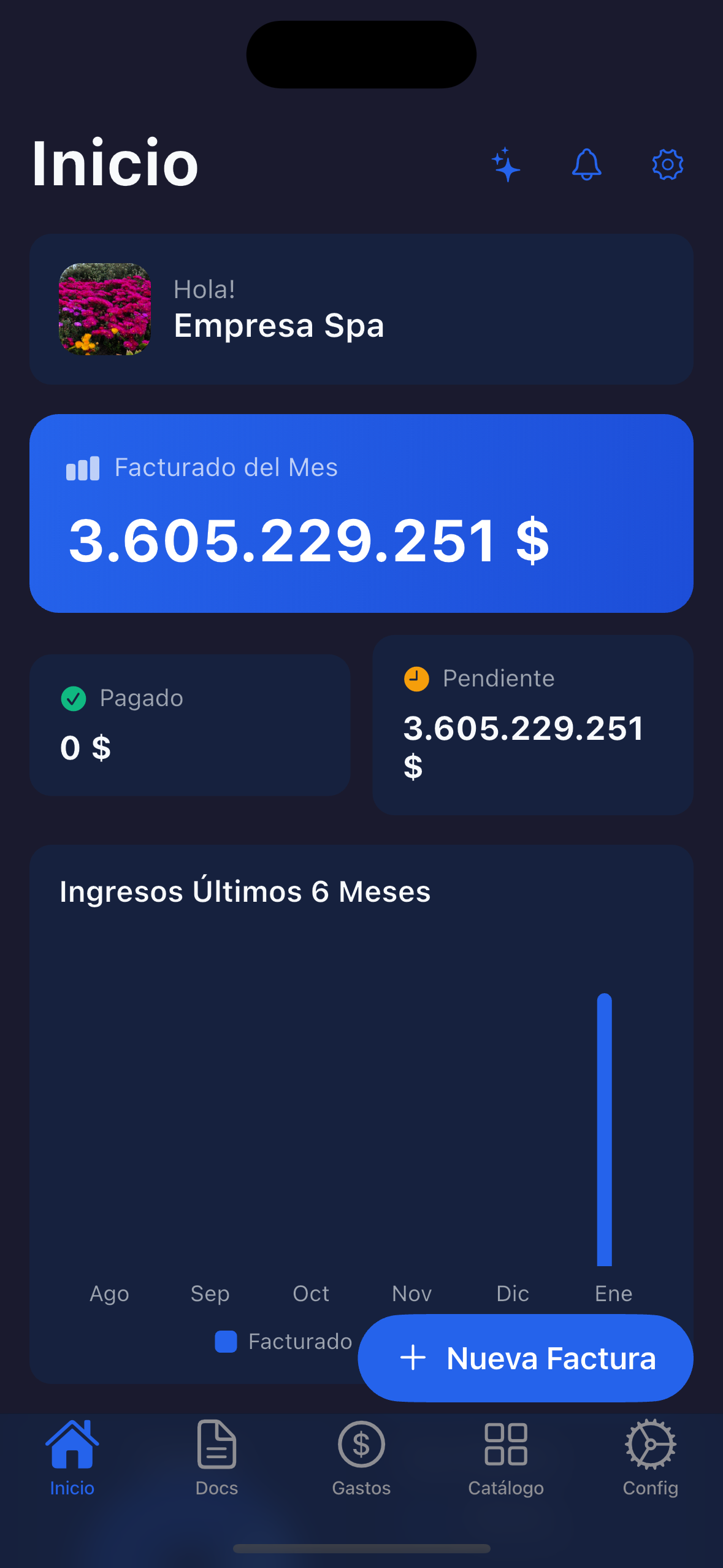 Dashboard de Factur-AI mostrando metricas e ingresos